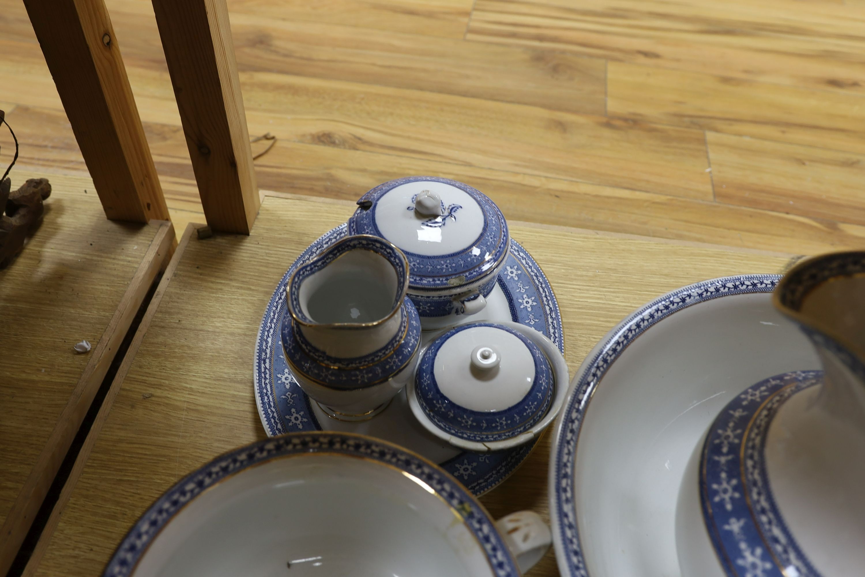 A blue and white Maltese pattern ceramic toilet set and a pearlware plate